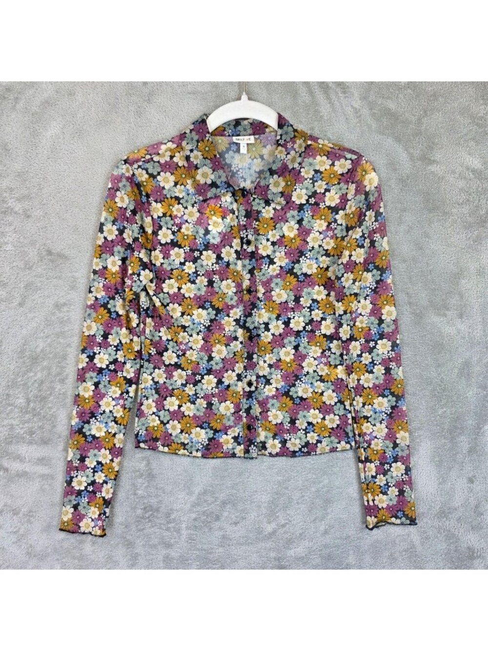 SELF E Button Up Shirt Womens S Multicolor Collared Long Sleeve Sheer Floral